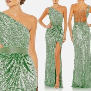 NWT Mac Duggal SEQUINED ONE SHOULDER DRAPED LACE UP GOWN 5687 Green Size 14